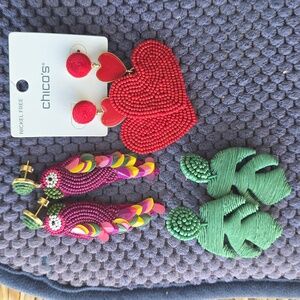 Chico's  Beaded Red Heart, Purple Parrot and Green Palm Leaf  Earring Sets